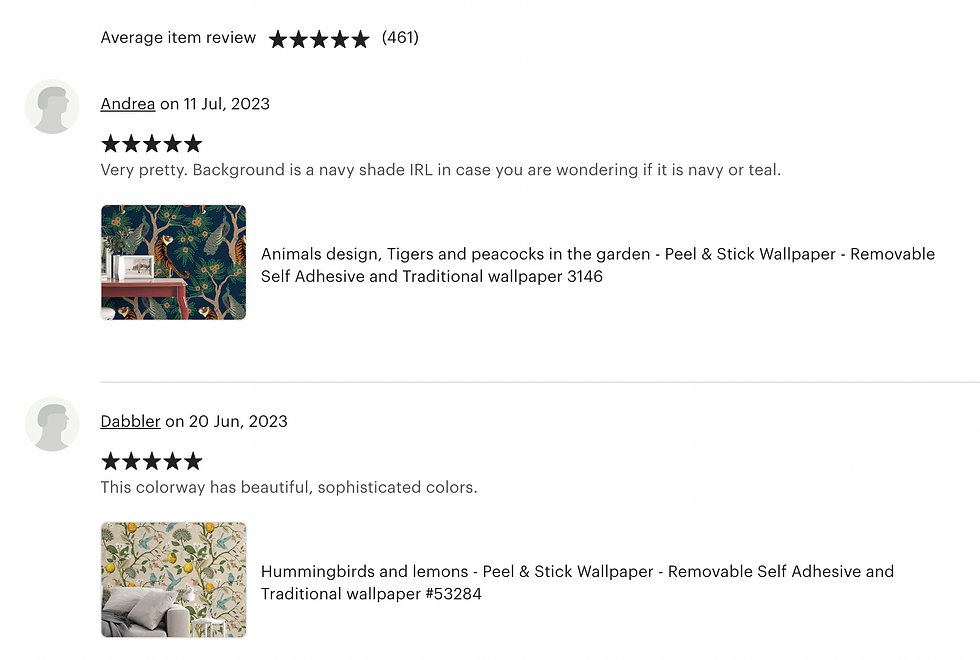 Screenshot of the reviews on Los Angeles Wallpaper’s Etsy page.