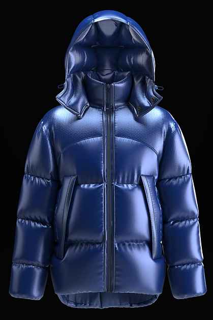 front view of metallic puffer jacket created using CLO3d software with dynamic lighting