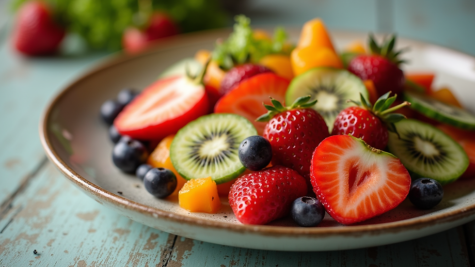 Vista a nivel de ojo de un plato colorido con frutas y verduras frescas