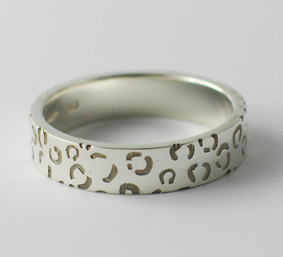Thumbnail: Flat Shaped Wedding Rings.  Leopard Pattered Design