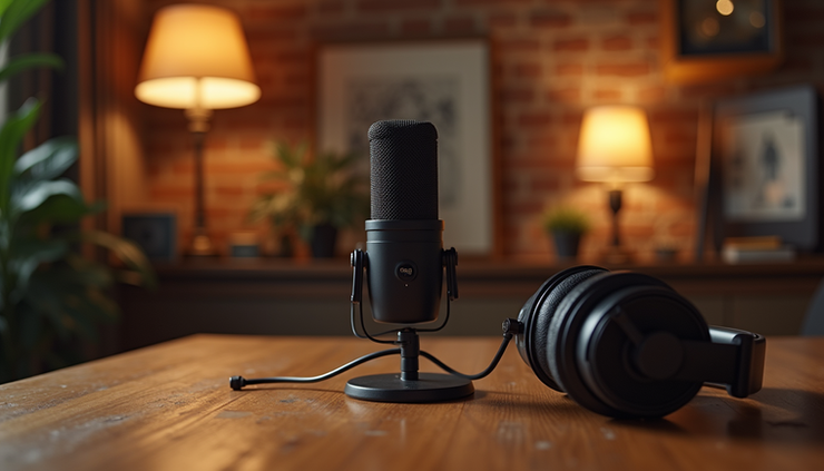 Eye-level view of a cozy podcast studio with a microphone and headphones on a wooden table