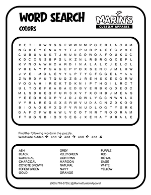 Free word search with words being popular shirt colors offered at Marin's Custom Apparel.