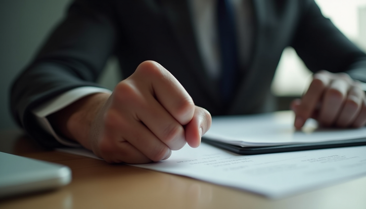 Close-up view of a person’s clenched fist resting on a desk, symbolizing tension and control