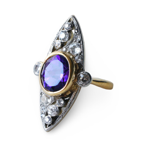 Beautiful Belle Epoque Diamond Amethyst Navette Ring shjb
