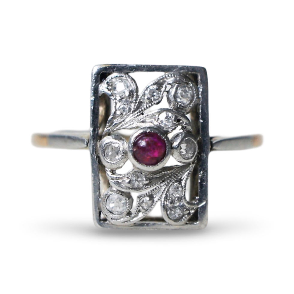 Art Nouveau Plaque Ring with Cabochon Ruby Ring