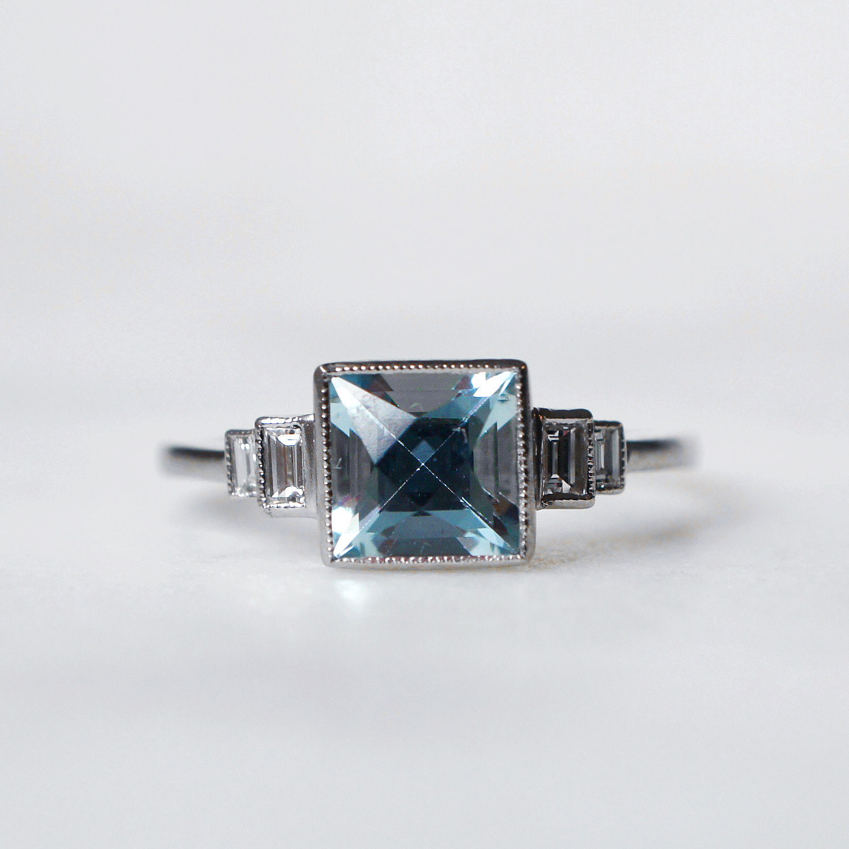 French Cut Aquamarine and Diamond Dec Style Ring