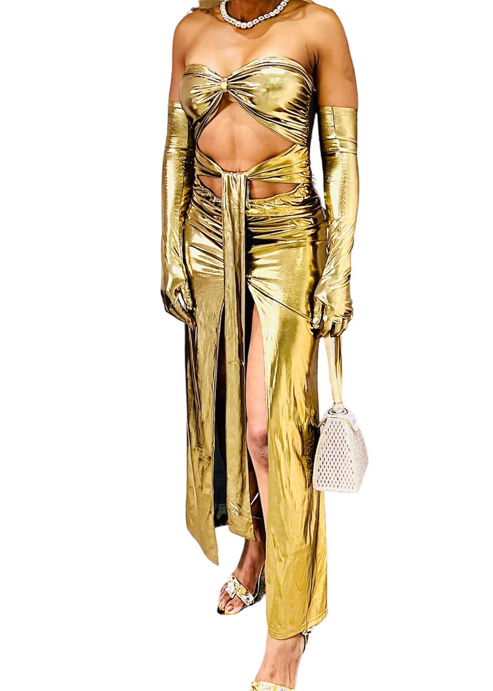 Thumbnail: De La-Rizon Limited Edition Gold Metallic Foil Dress with Front Split