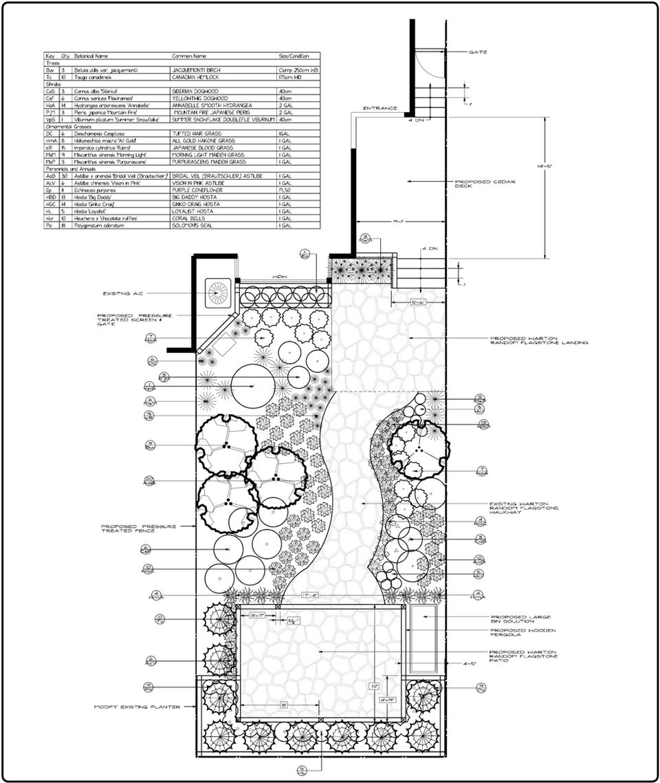 Site plan of intended design elements, plantings and details.