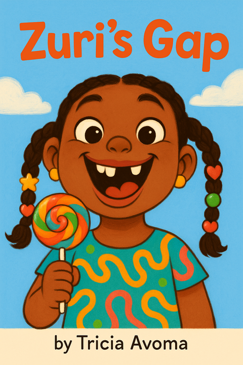 An excited young girl with bright eyes shows off a small tooth gap as she smiles widely. She stands in colorful everyday clothes, with surprise and joy. On her hair are playful pigtails, swirls, and stars hair clips. The title “Wiggle Wiggle Pop” appears in bold, fun lettering above.