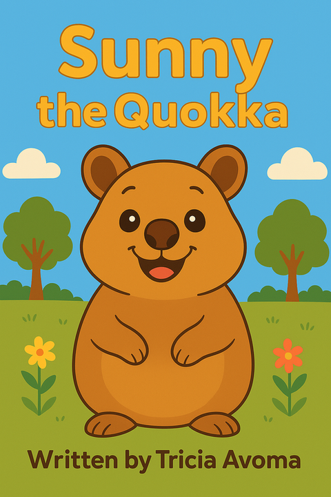 Smiling cartoon quokka on a sunny grassy field with flowers and trees, book titled ‘Sunny the Quokka’ by Tricia Avoma