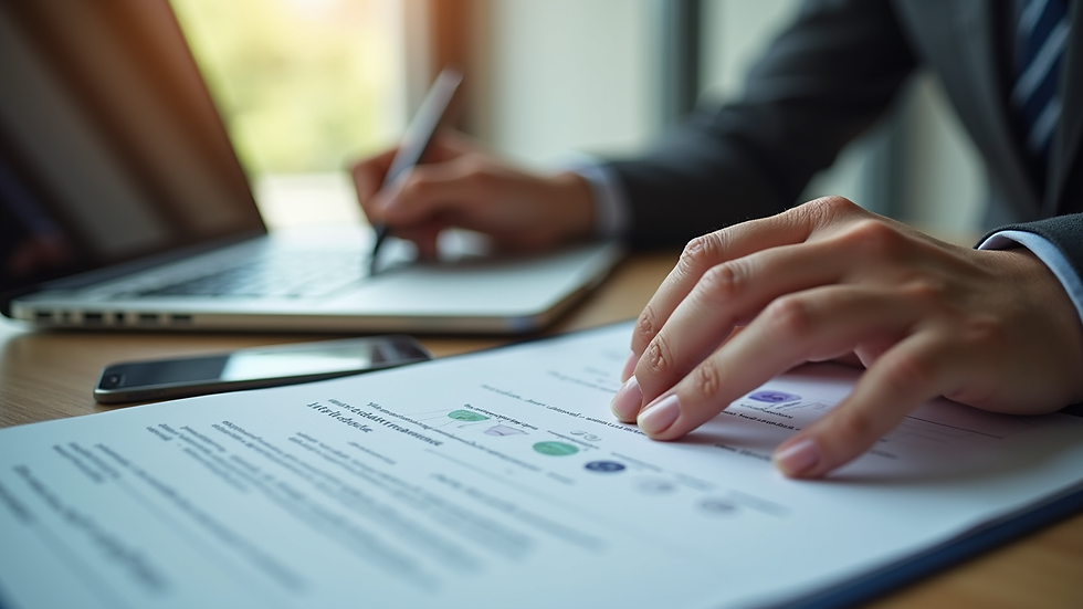 Close-up view of a person reviewing travel insurance documents with a laptop