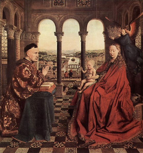 Jan van Eyck, The Virgin of Chancellor Rolin, 1435: The Virgin of Chancellor Rolin has a great deal of texture in the clothing and robes, but the actual surface of the work is very smooth.