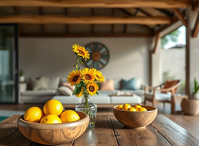 beautiful boho beach house with wooden table and doors with sunflowers and lemons on the table