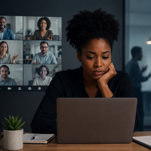 black woman working remotely on laptop appearing isolated while others collaborate virtually, representing challenges of documenting discrimination in remote work environments