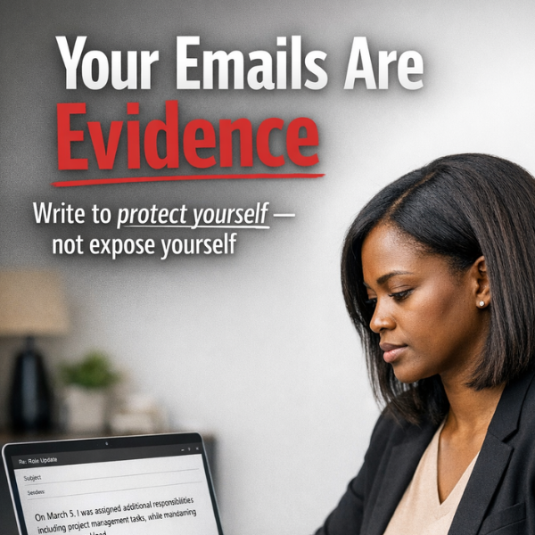 Black professional woman writing a structured workplace email on a laptop, highlighting strategic communication, documentation, and protecting yourself at work