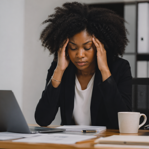 Black woman sitting at a desk in a modern office, holding her temples and appearing overwhelmed while working on a laptop surrounded by papers and a coffee mug