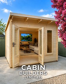 Dunster House Terminator timber garden room with open glazed doors and a furnished interior.