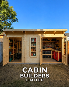 Dunster House Evil Amy timber garden cabin with open doors showing a garden bar interior.