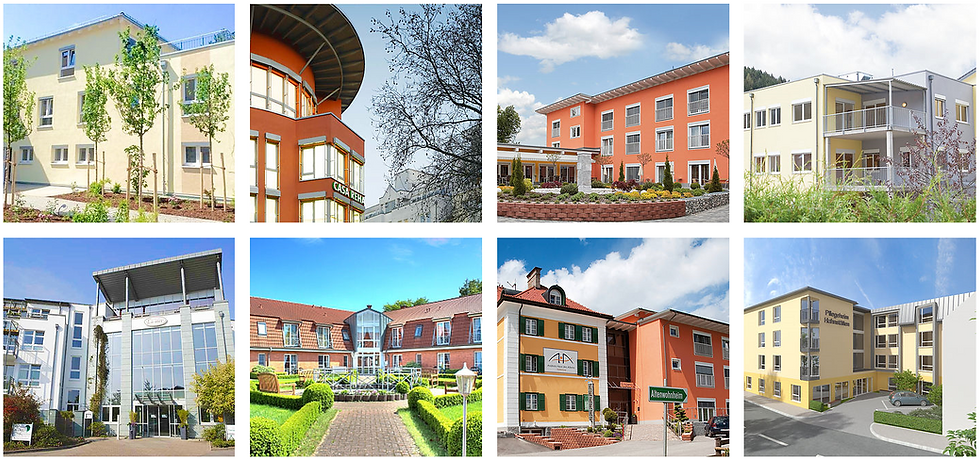 eye-level view of modern nursing home building exterior