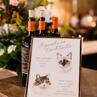 Signature cocktail wedding sign with watercolor illustration of cats