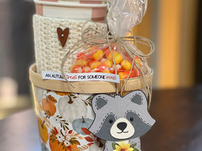 Fall Gift Basket with Raccoon Tag
