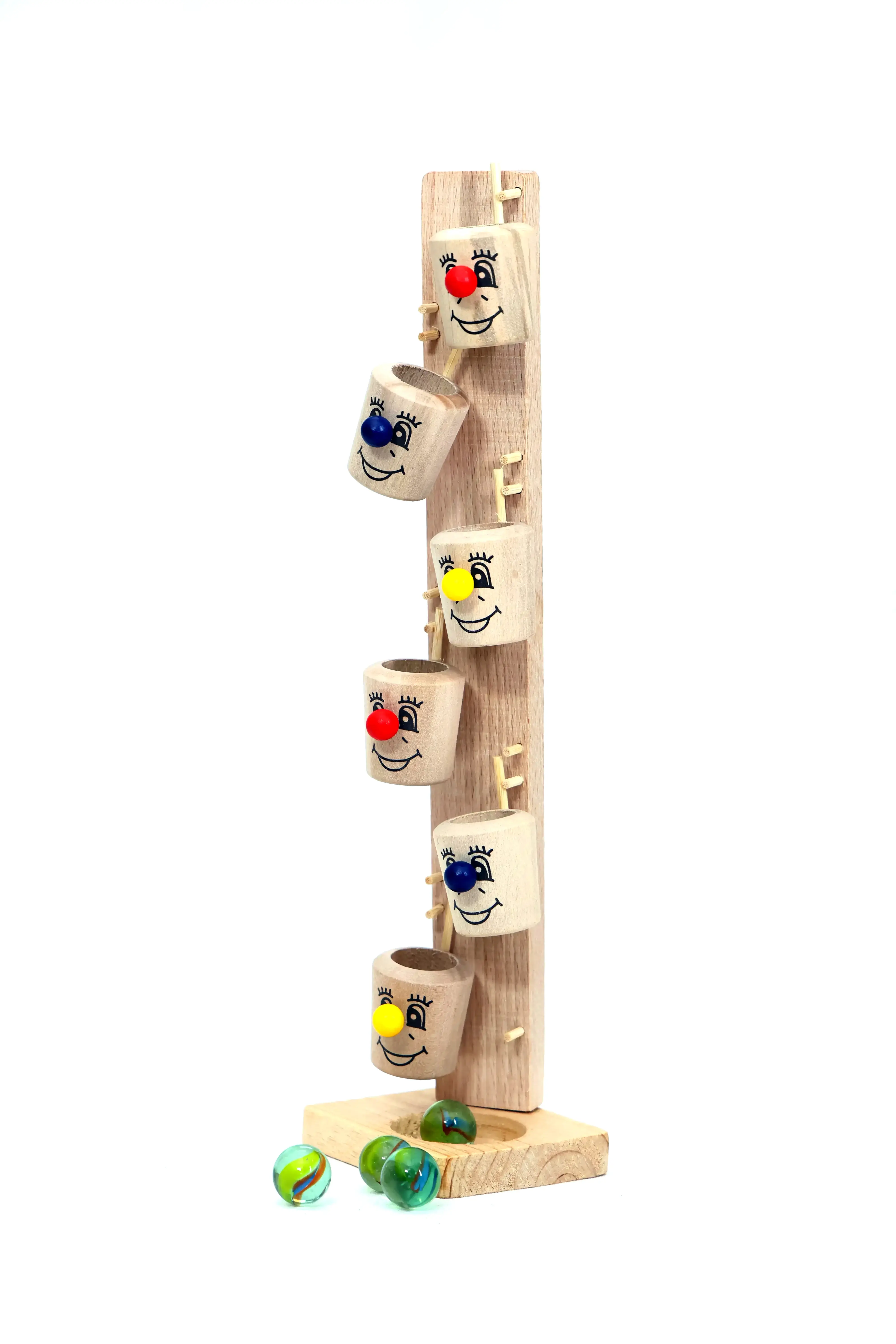 Wooden clown goli toy with tipping cups – Indian marble drop toy for kids