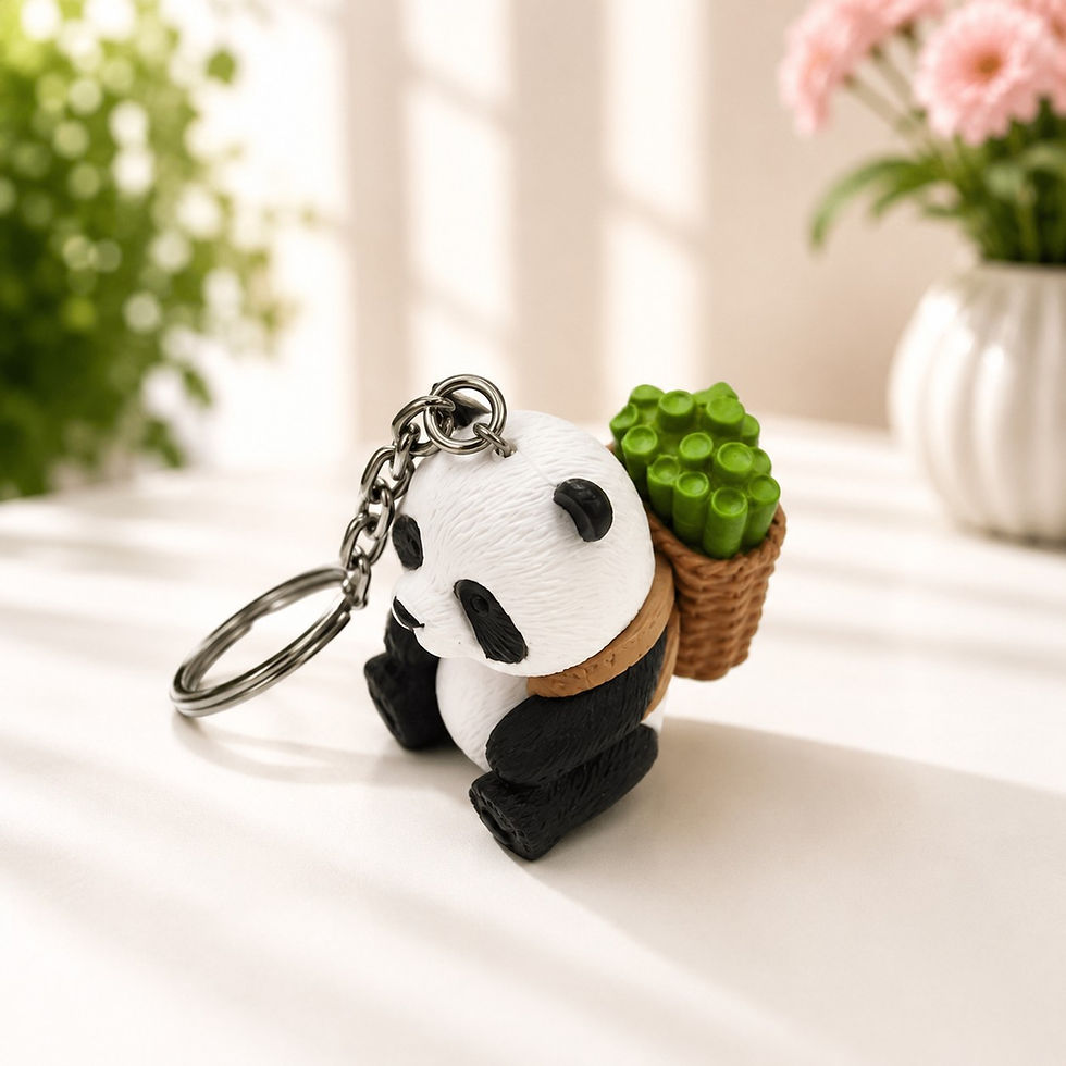 Cute Panda Bamboo Keychain Collection featuring adorable panda keychains holding bamboo and bamboo baskets,backpacks and gift