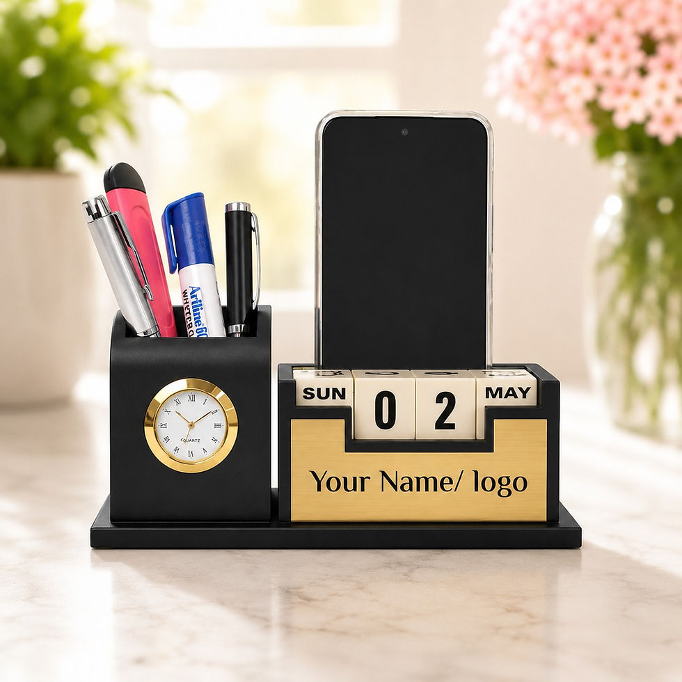Featuring a pen stand, analog clock, perpetual calendar blocks, and custom nameplate in an elegant black and gold finish