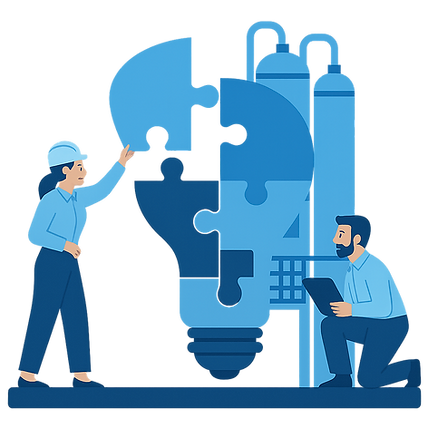 AeroAsia-Hydromex engineer fitting puzzle pieces with gear icons, representing integrated wastewater treatment solutions