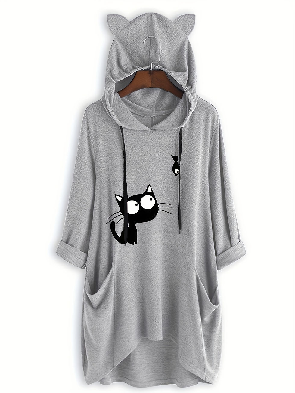 Thumbnail: Plus Size, Women's Loose Casual Printed Mid-Sleeve Cute Cat Ear Hooded Sweatshir