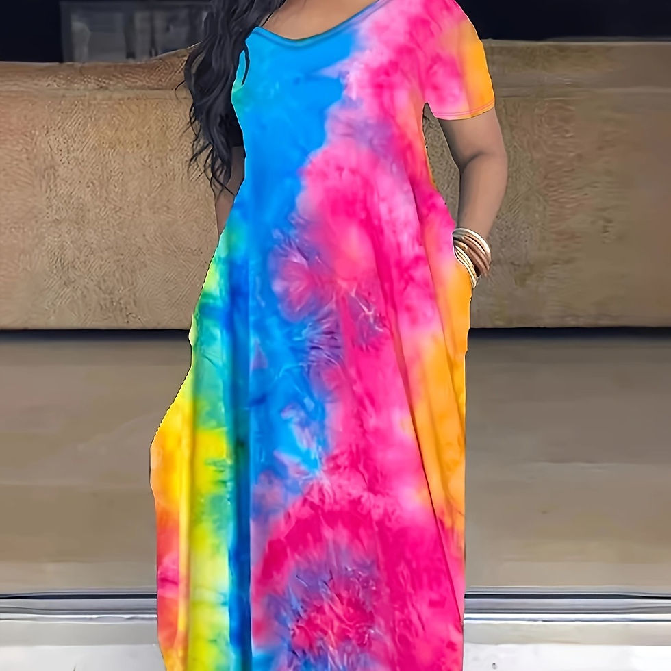Thumbnail: Plus Size Maxi Dress with Pocket, Women's Plus Tie Dye Print Short Sleeve Elegan