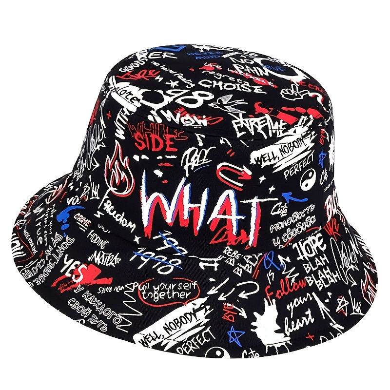 Thumbnail: 1 Men's "What" Graffiti-Style Bucket Hat - Streetwear Polyester, Hand-Washable, 