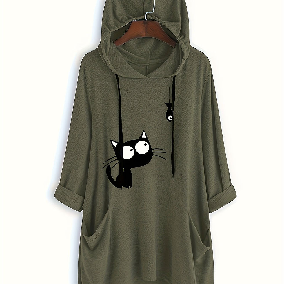 Thumbnail: Plus Size, Women's Loose Casual Printed Mid-Sleeve Cute Cat Ear Hooded Sweatshir