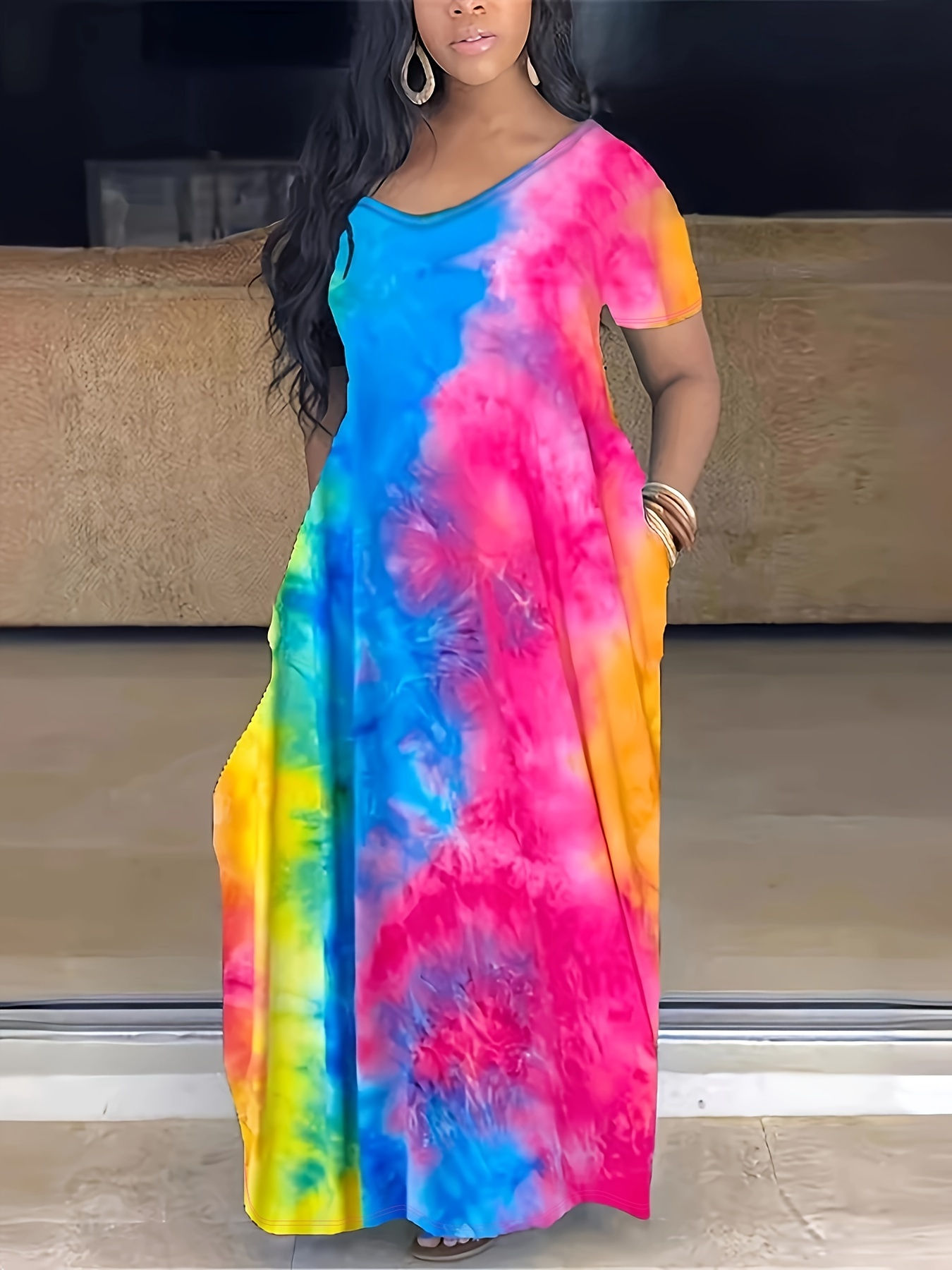 Plus Size Maxi Dress with Pocket, Women's Plus Tie Dye Print Short Sleeve Elegan