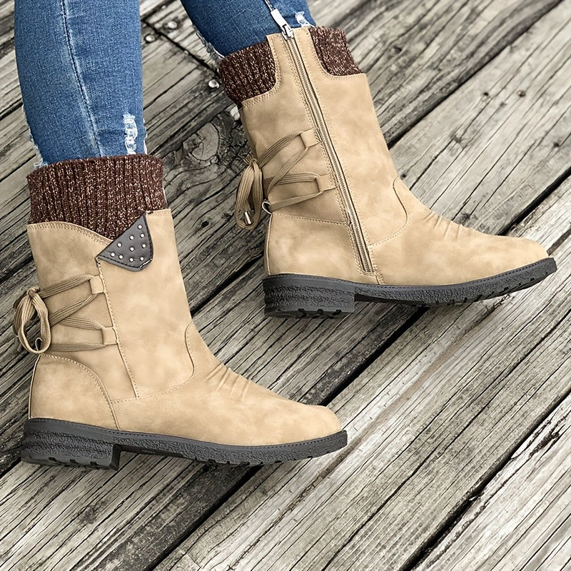 Thumbnail: Vintage Classic Elegant 's Mid-Calf Boots. Elastic Collar Design, Lace-Up Adjust