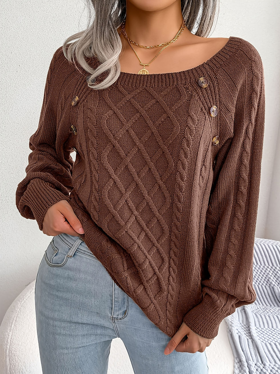 Thumbnail: Texture Button Lantern Sleeve Sweater - Women's Round Neck Sweater
