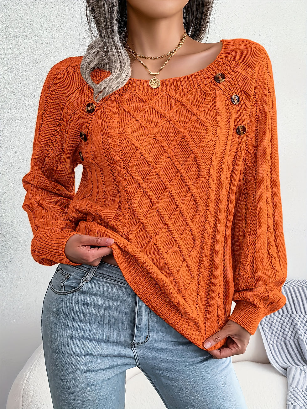 Thumbnail: Texture Button Lantern Sleeve Sweater - Women's Round Neck Sweater