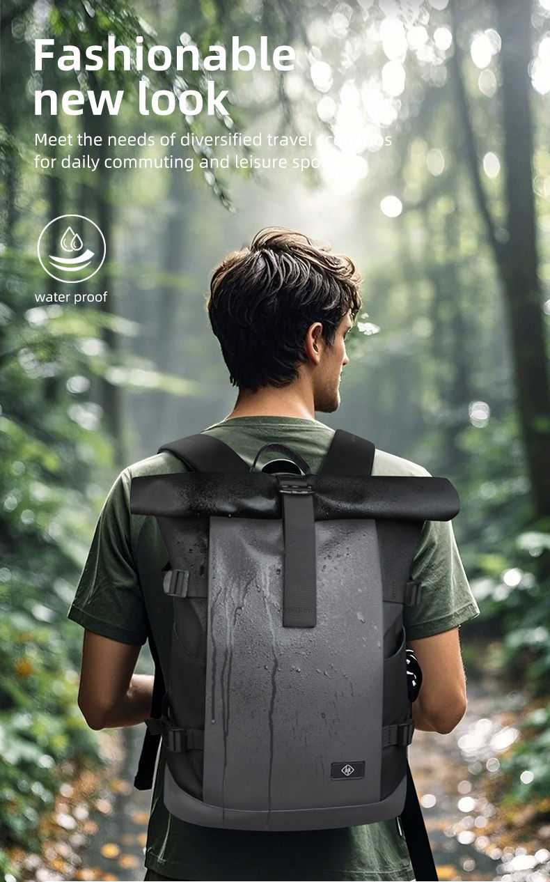 Thumbnail: HK Waterproof Roll-Top Backpack for Men Large Capacity Expandable 17 Inch Laptop