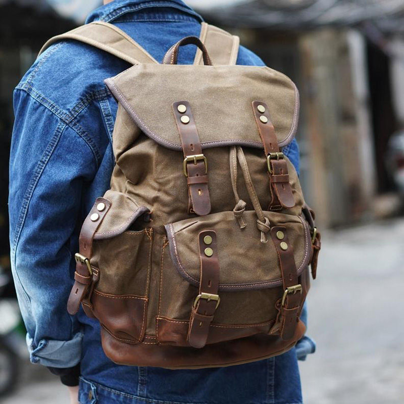 Thumbnail: MUCHUAN Cotton Oil Wax Canvas Backpack Mens Large Capacity Vintage Waterproof Ba