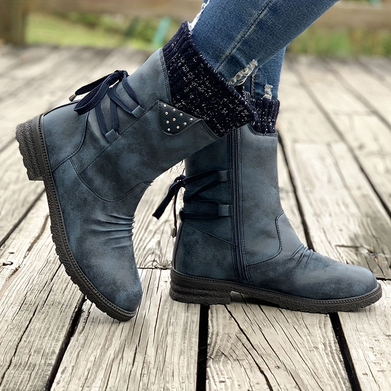 Thumbnail: Vintage Classic Elegant 's Mid-Calf Boots. Elastic Collar Design, Lace-Up Adjust