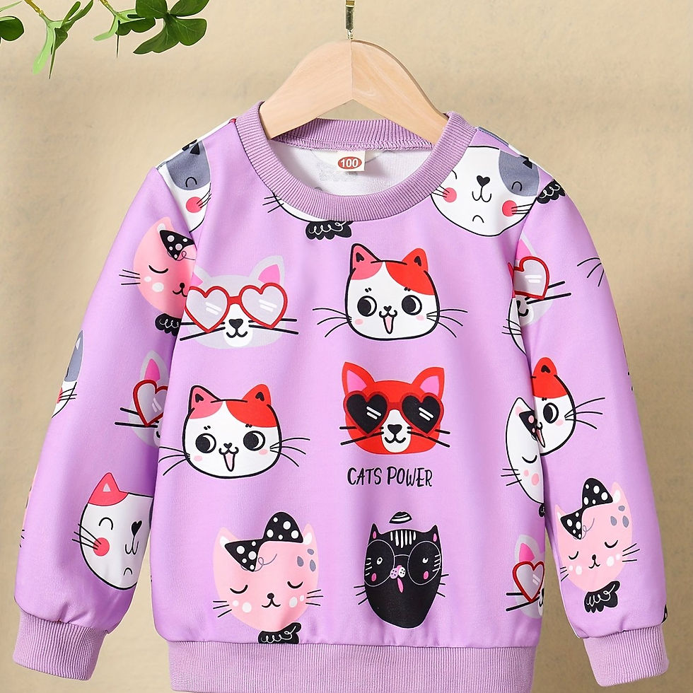Thumbnail: Girls' Cute Cat Print Sweatshirt - Pastel Pink with & Cat Design, Soft Round Nec