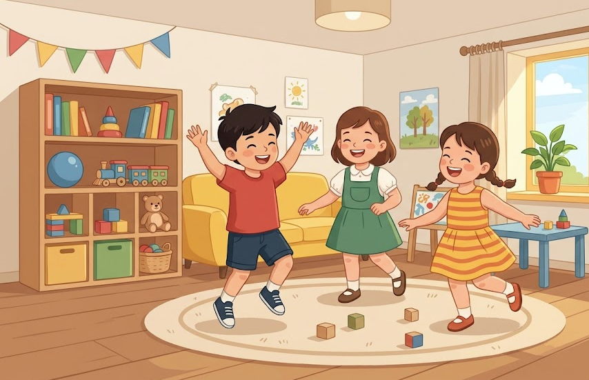 三位小朋友在溫暖的插畫風格幼兒園教室內玩耍