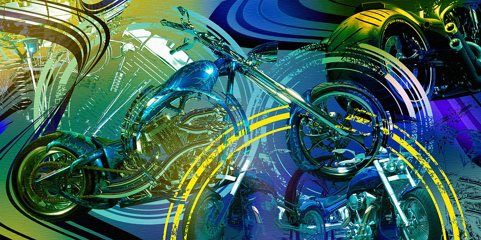 This piece deconstructs the chopper's engine into a vibrant study of rebellion. Complementary blue and gold hues chart a course outside conventional lines, where forms fragment and fluid lines ignite a sense of relentless motion. A textured surface, etched with the ghosts of garage tools, bears the marks of the workshop—a testament to raw creation.
More than a mechanical portrait, it is a self-portrait of the artistic quest. The mirrored, incomplete elements reflect a journey of deconstruction and reassembly, a personal odyssey for authenticity and wealth. It embodies the rebel's spirit: breaking forms to find a more harmonious, personal composition, where chaos and control ride in perfect balance.
