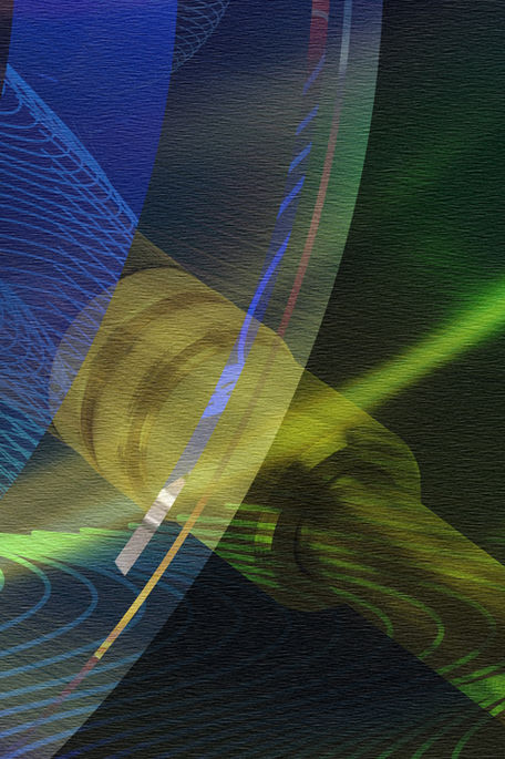 Close-up detail of the artwork, highlighting its layered textures, colours and geometric elements.
