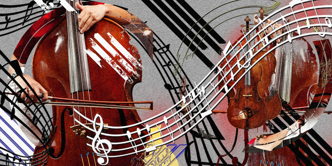 Abstract composition of a double bass in rich red and brown tones, layered with sweeping musical notation and fragmented instrumental forms.