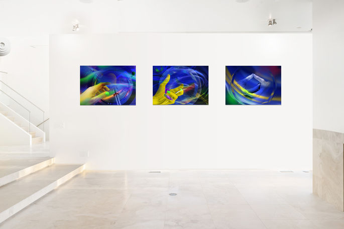"The Sovereign Mind" trilogy displayed together in a contemporary interior, showing Friction, Chaos and Flow as a visual progression from resistance toward inner balance.