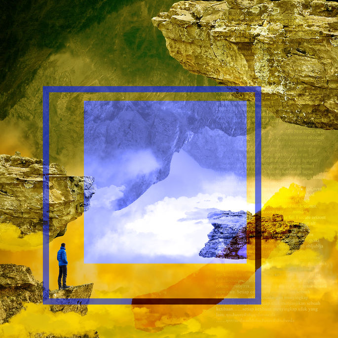 A solitary figure stands among rocky cliffs in a surreal yellow-and-blue world, looking toward a luminous horizon framed by layered geometric forms.