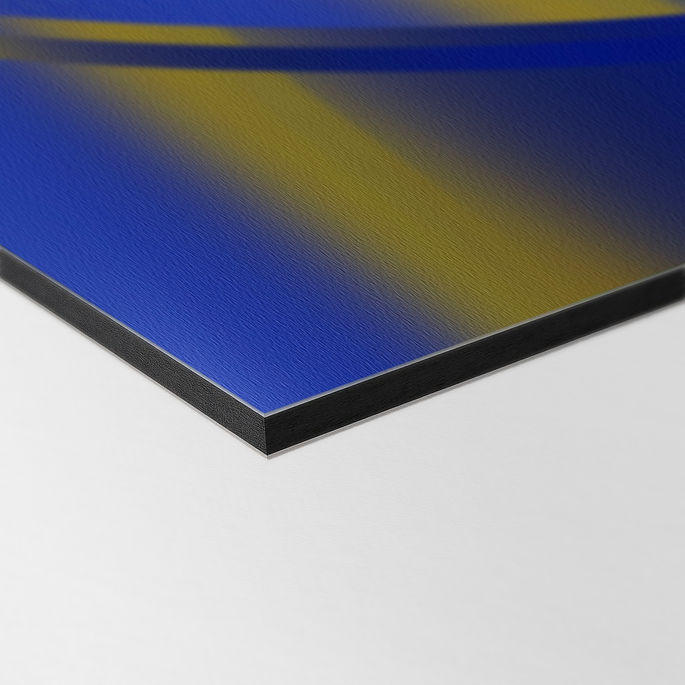 Close-up side view of the artwork, showing the 6 mm Dibond thickness and slim profile.