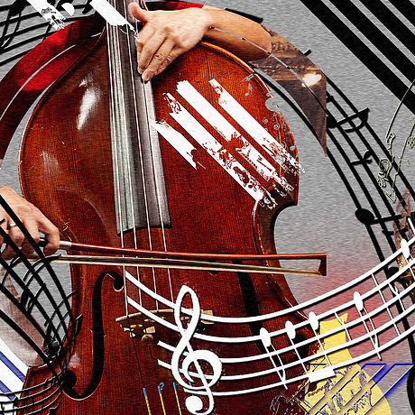 Part three of the five-piece jazz series, this work grounds chaos in resonance. White and black lines slice through the surface like notation in motion, while deep browns anchor the scene. A red glow flickers across the composition, catching the light and igniting fragments of sound. The musician’s red shirt ties body and rhythm into one continuous movement. Printed on Dibond, the glow intensifies, a harmony of wood and fire. A tribute to jazz — grounded yet restless, heavy yet radiant.