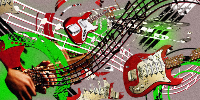 Abstract composition of electric guitars in red and green, intersected by bold musical notation and layered graphic forms.